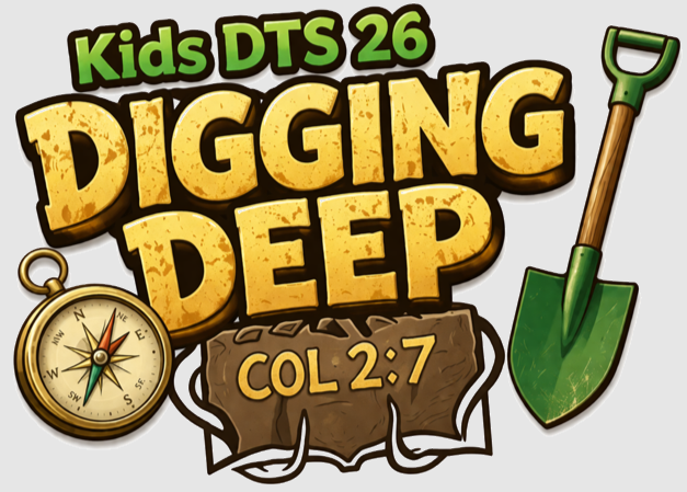 KDTS Dig Deep Logo with a compass and a shovel on either sides of tree roots surrounding Colossians 2:7
